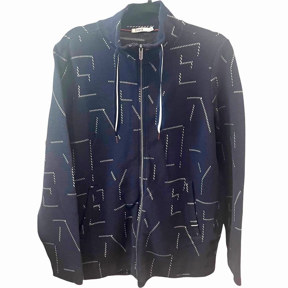 CECIL LONG SLV FRONT ZIP RIBBED JACKET, WOMENS, L, NAVY BLUE-WHITE ABSTR PATTERN